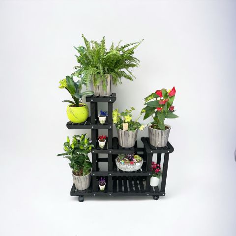 Ahşap (Çam) SİYAH Renk 6 Katlı Bitki Standı, Kilitlenebilir Tekerlekler + Mini Bahçe Seti + My Bead Kokulu Mum 50 cc