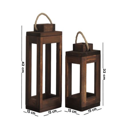 Ahşap (Çam) (CEVİZ Renk) Mum Fener Dekoratif 2'li Set, İç Mekan, Dış Mekan, Ev + My Bead Kokulu Vegan Mum 50 cc