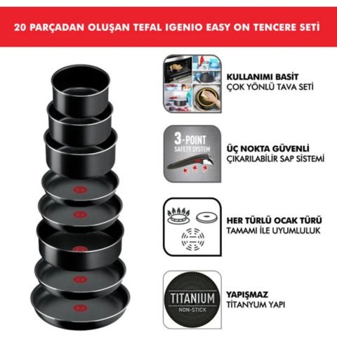 Tefal Ingenio Easy Titanium Tencere ve Tava Seti, 20'lı Set