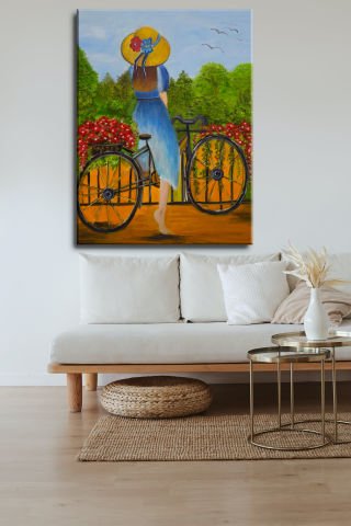 BİSİKLETLİ KIZ YAĞLI BOYA TABLOSU 60 X 45 cm