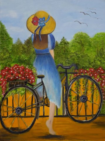 GIRL WITH A BICYCLE OIL PAINTING 60 X 45 cm