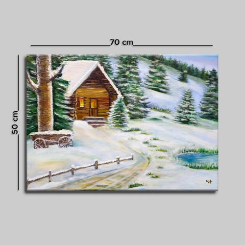 DAĞ EVİ VE KAR YAĞLI BOYA TABLOSU 50 X 70 cm