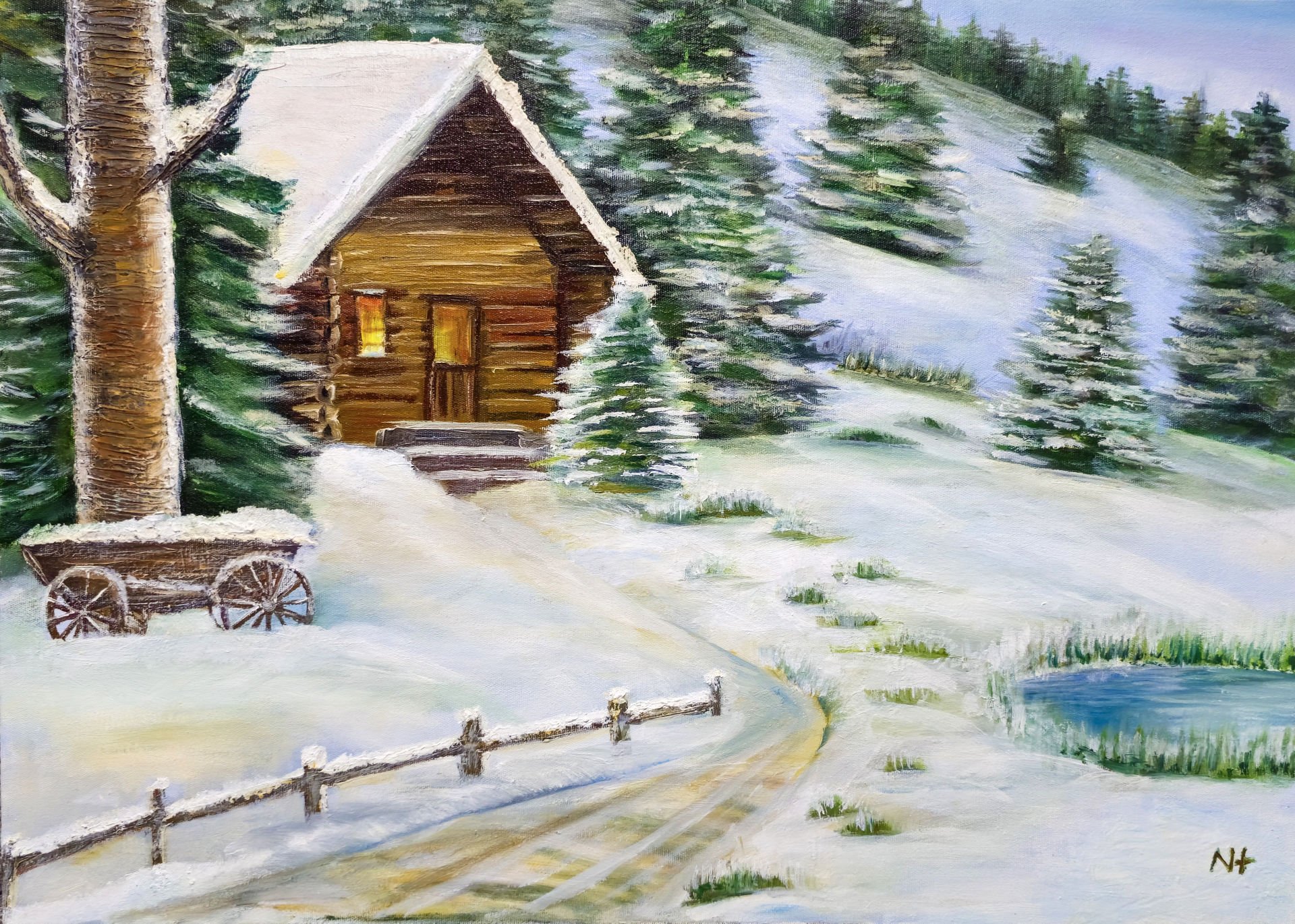 DAĞ EVİ VE KAR YAĞLI BOYA TABLOSU 50 X 70 cm
