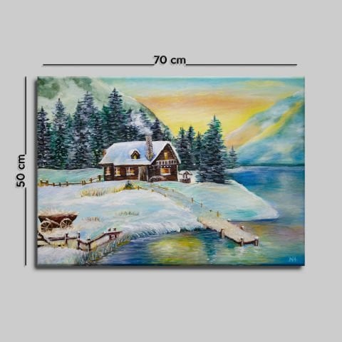 GÖL KENARI EV VE KAR YAĞLI BOYA TABLOSU 50 X 70 cm