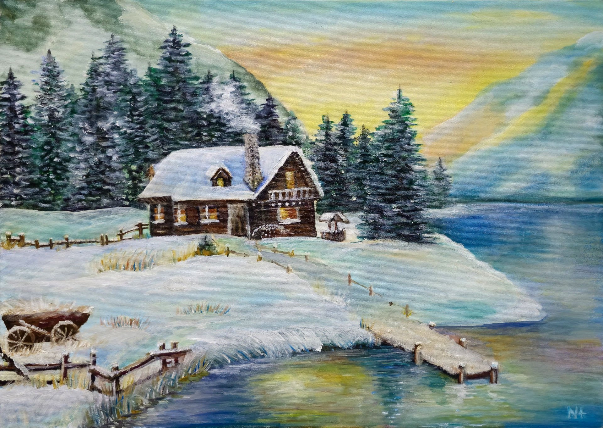 GÖL KENARI EV VE KAR YAĞLI BOYA TABLOSU 50 X 70 cm