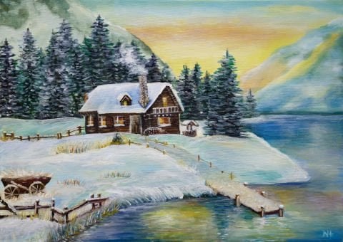GÖL KENARI EV VE KAR YAĞLI BOYA TABLOSU 50 X 70 cm
