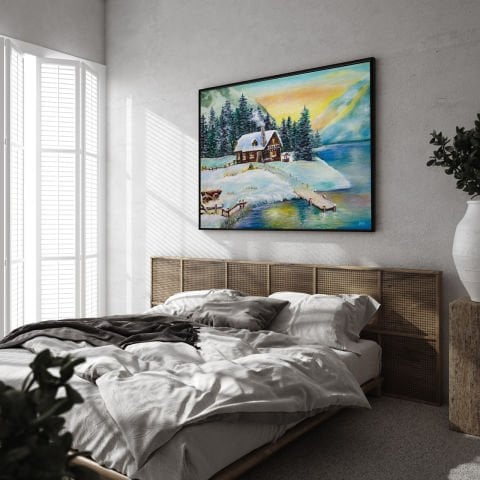 GÖL KENARI EV VE KAR YAĞLI BOYA TABLOSU 50 X 70 cm