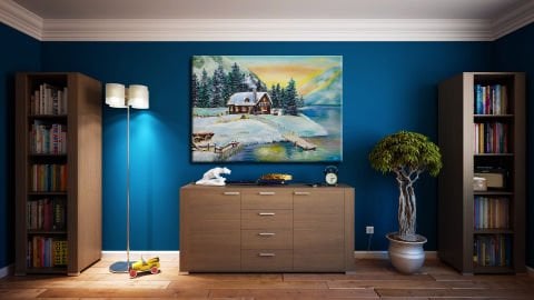 GÖL KENARI EV VE KAR YAĞLI BOYA TABLOSU 50 X 70 cm
