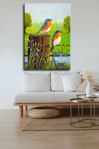 KUŞLAR VE DERE YAĞLI BOYA TABLOSU 70 X 50 cm