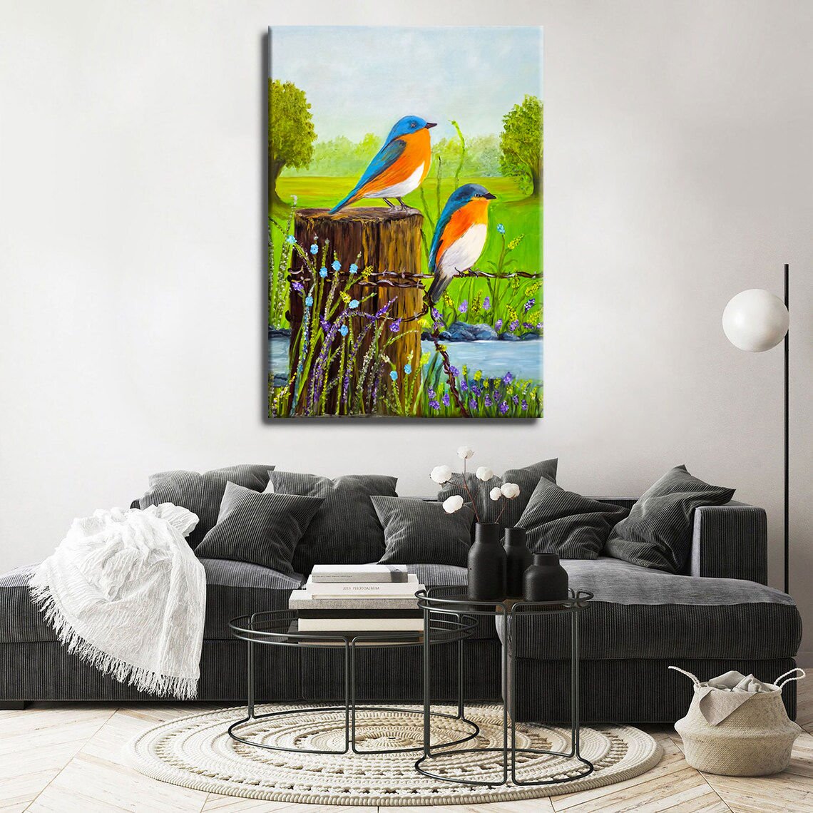 KUŞLAR VE DERE YAĞLI BOYA TABLOSU 70 X 50 cm