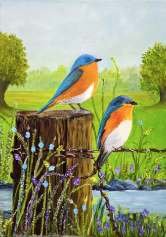 KUŞLAR VE DERE YAĞLI BOYA TABLOSU 70 X 50 cm