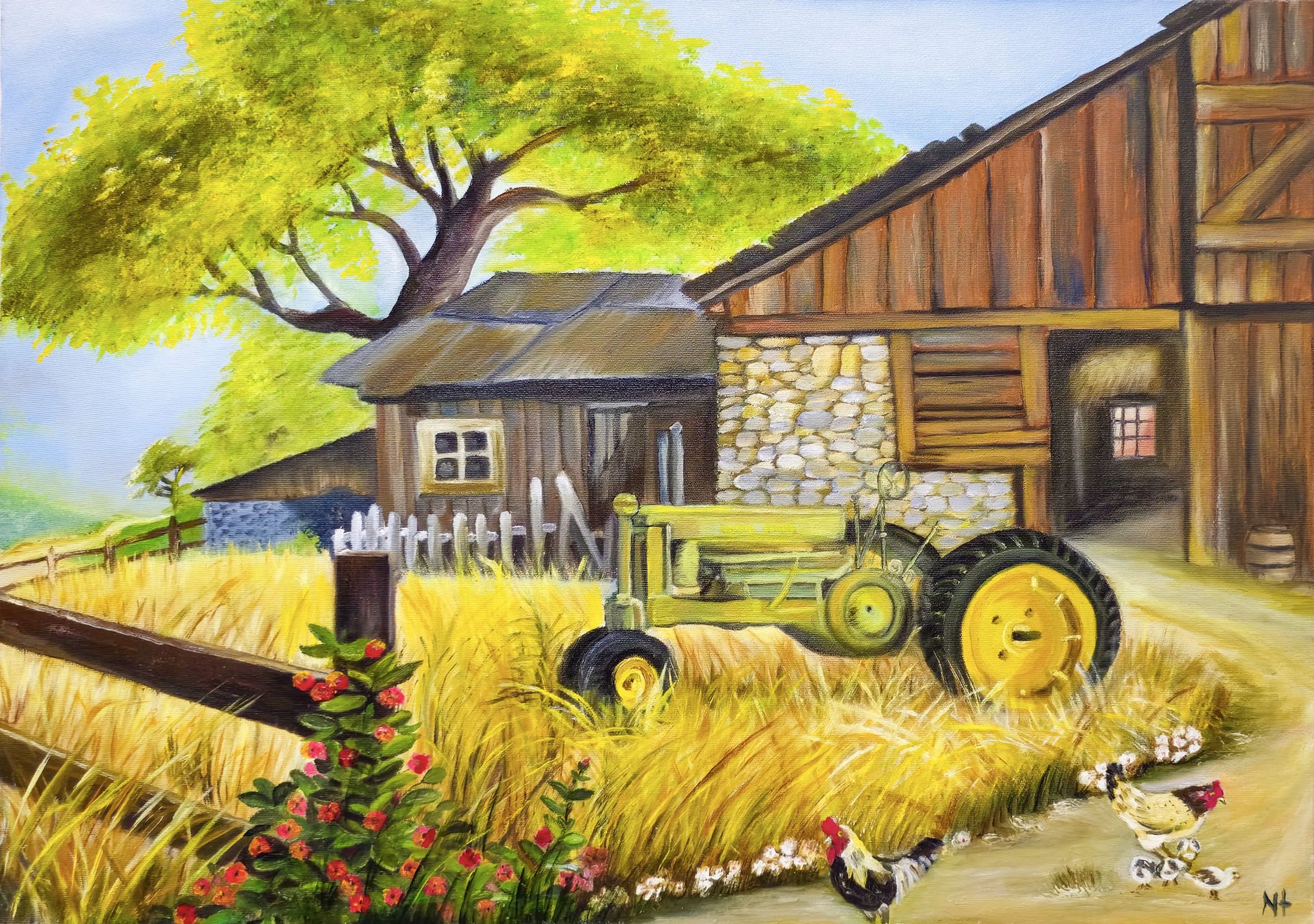TRAKTÖR VE EV YAĞLI BOYA TABLOSU 50 X 70 cm