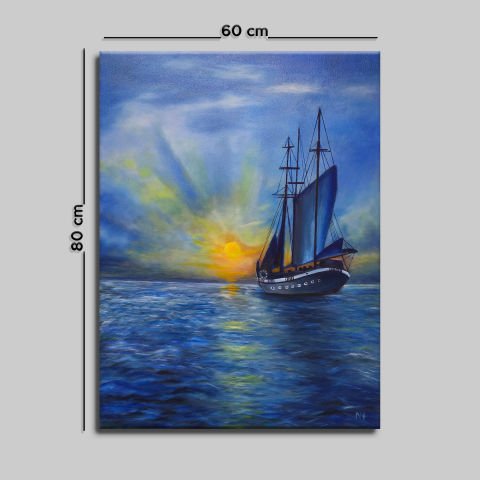 YELKENLI VE DENİZ YAĞLI BOYA TABLOSU 80 X 60 cm