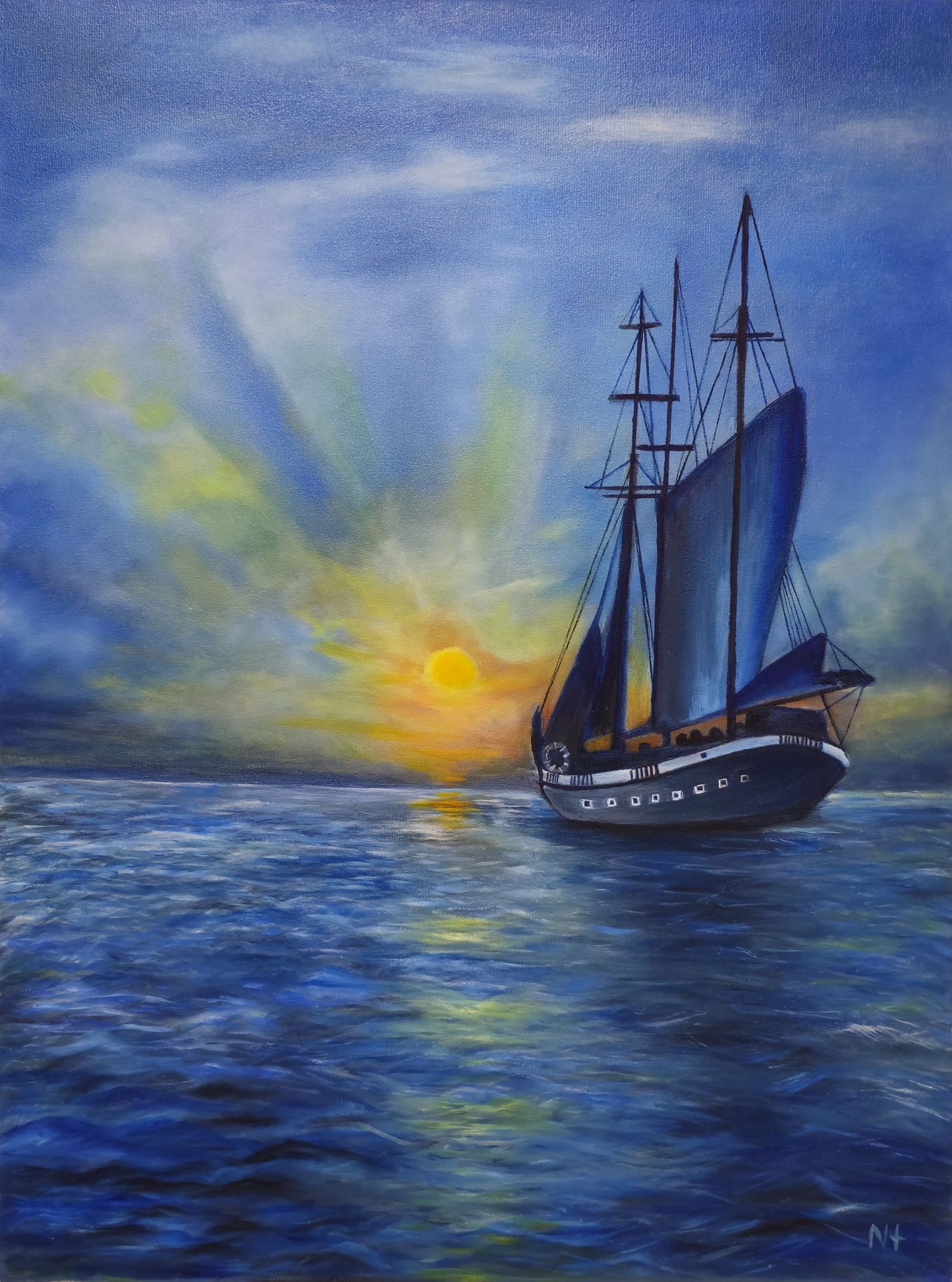 YELKENLI VE DENİZ YAĞLI BOYA TABLOSU 80 X 60 cm