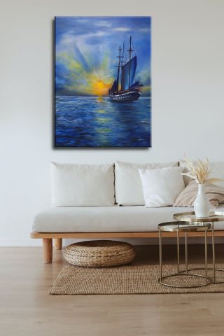 YELKENLI VE DENİZ YAĞLI BOYA TABLOSU 80 X 60 cm