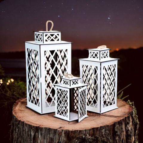 3lü Ahşap Dekoratif Fener Mumluk Seti Üçlü Takım Set Beyaz Renk Bambu Halatlı