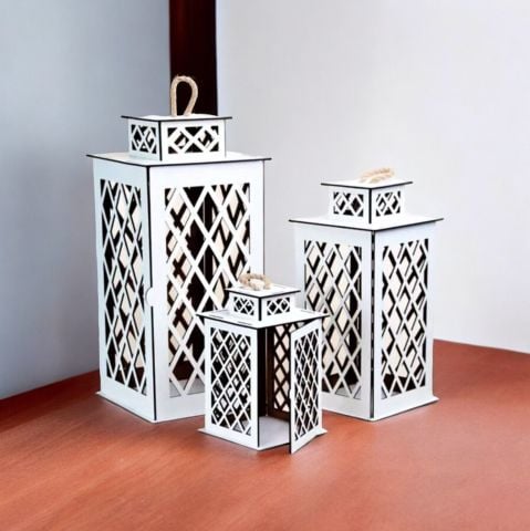 3lü Ahşap Dekoratif Fener Mumluk Seti Üçlü Takım Set Beyaz Renk Bambu Halatlı