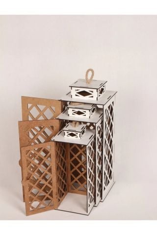 3lü Ahşap Dekoratif Fener Mumluk Seti Üçlü Takım Set Beyaz Renk Bambu Halatlı