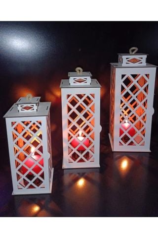 3lü Ahşap Dekoratif Fener Mumluk Seti Üçlü Takım Set Beyaz Renk Bambu Halatlı
