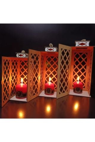 3lü Ahşap Dekoratif Fener Mumluk Seti Üçlü Takım Set Beyaz Renk Bambu Halatlı