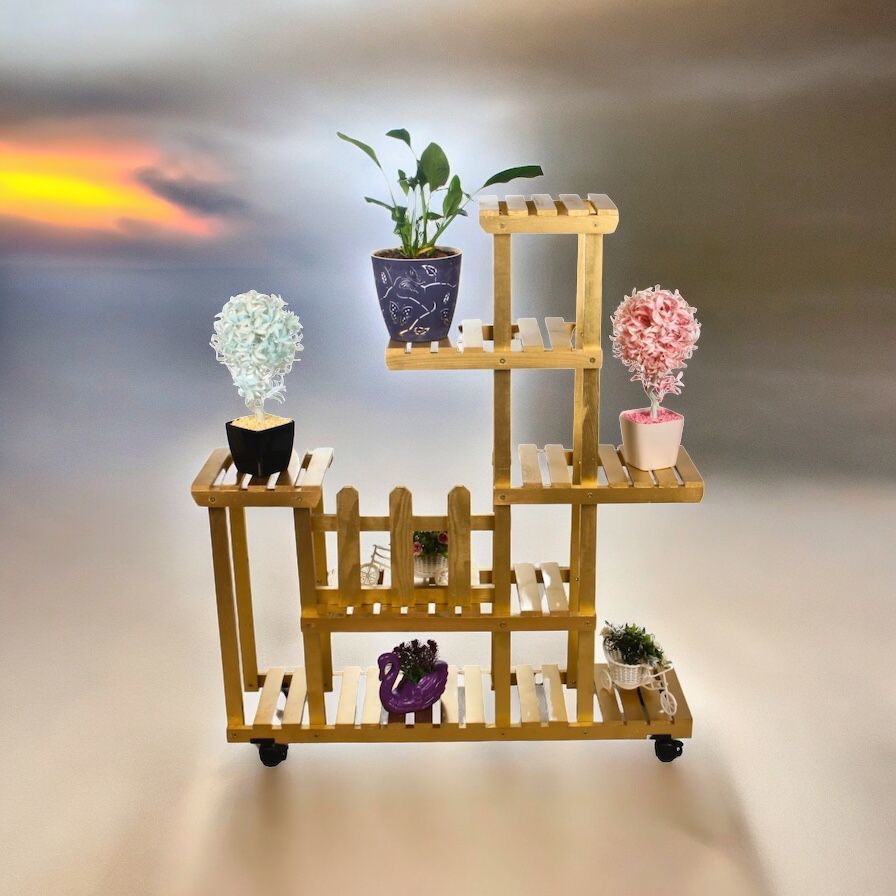 Ahşap (Çam) ALTIN VARAK Renk 6 Katlı Bitki Standı, Kilitlenebilir Tekerlekler + Mini Bahçe Set + My Bead SoyaWax Kokulu Vegan Mum 50 cc
