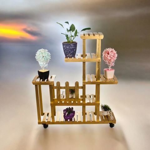 Ahşap (Çam) ALTIN VARAK Renk 6 Katlı Bitki Standı, Kilitlenebilir Tekerlekler + Mini Bahçe Set + My Bead SoyaWax Kokulu Vegan Mum 50 cc