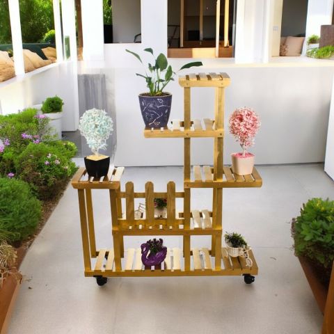Ahşap (Çam) ALTIN VARAK Renk 6 Katlı Bitki Standı, Kilitlenebilir Tekerlekler + Mini Bahçe Set + My Bead SoyaWax Kokulu Vegan Mum 50 cc