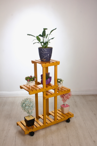 Ahşap (Çam) GOLD Renk 4 Katlı Bitki Standı, Kilitlenebilir Tekerlekler + Mini Bahçe Set + My Bead SoyaWax Kokulu Vegan Mum 50 cc