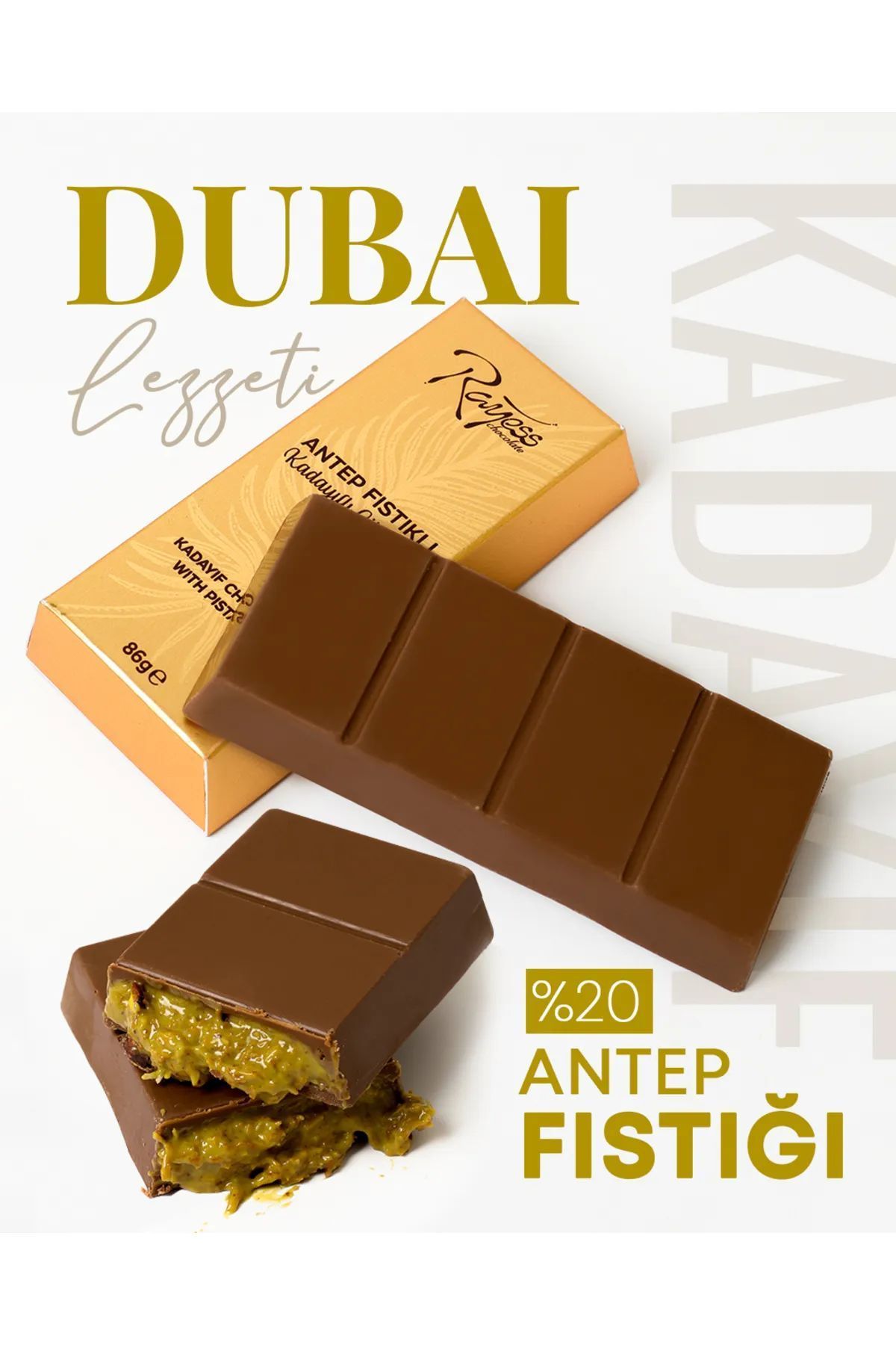 Rayess DUBAİ Çikolatası Sütlü Antep Fıstıklı Kadayıflı Külçe DUBAİ Çikolatası 86 Gr. x 3 Adet