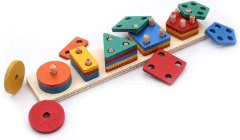 Hamaha Oyuncak Hamaha Wooden Toys Doğal Ahşap Eğitici Oyuncak Dikdörtgen 5'li Sütun Geometrik Şekil