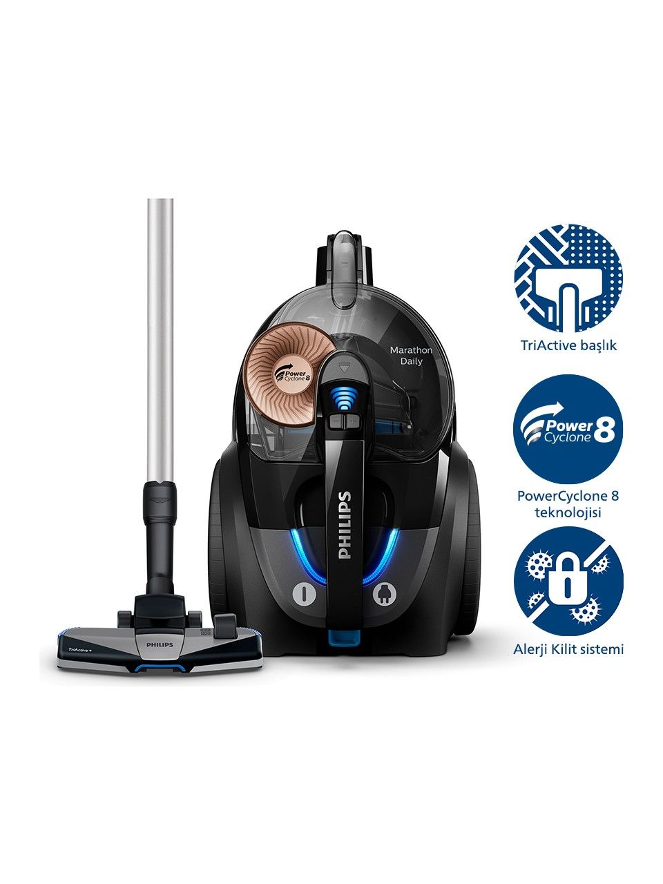 Philips XB7150/07 Marathon Daily Torbasiz Elektrikli Süpürge, 750 W, PowerCyclone 8 CarpetClean Başlık