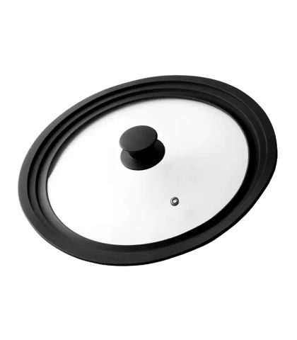 Eratec Cam Kapak – Siyah Silikon Kenarlı (Ø 28/30/32 cm), Isıya Dayanıklı, Buhar Deliği ile Çok Yönlü Kullanımlı