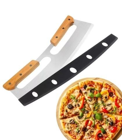 ERATEC Premium Paslanmaz Çelik Pizza Kesici 35 cm, Ahşap Sap ve Koruyucu Kılıflı