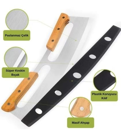 ERATEC Premium Paslanmaz Çelik Pizza Kesici 35 cm, Ahşap Sap ve Koruyucu Kılıflı