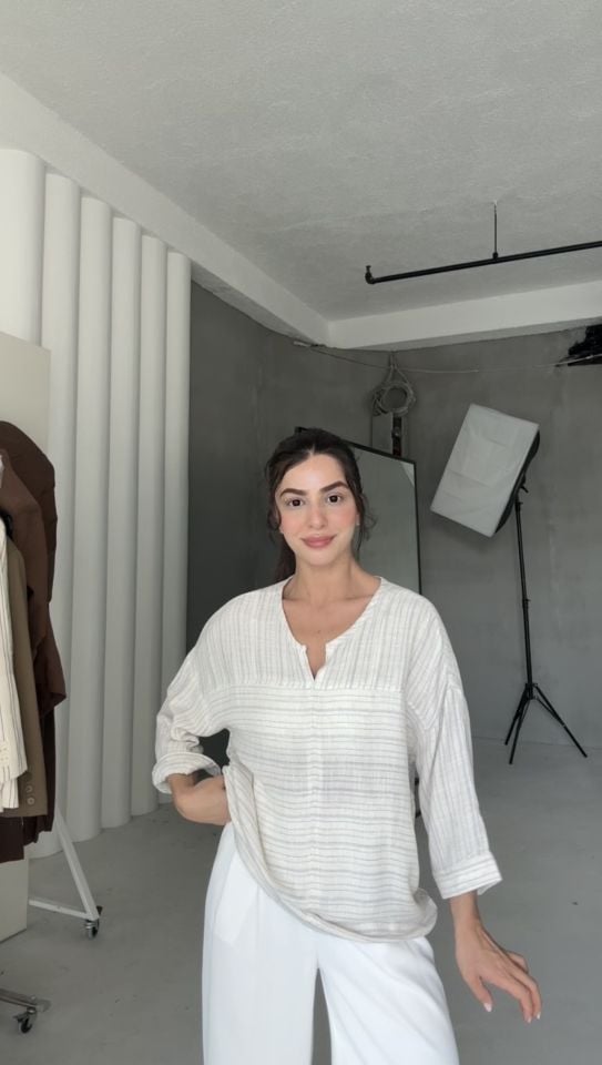 Keten kendinden desenli oversize gömlek