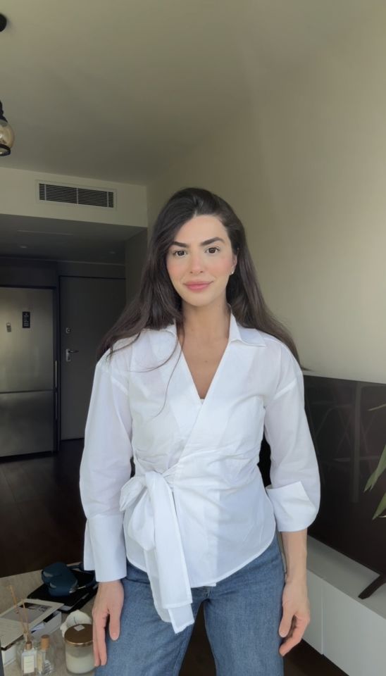 Bağcıklı poplin beyaz gömlek