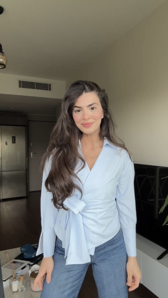 Bağcıklı poplin buz mavisi gömlek