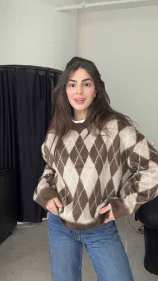 Şardonlu yün tok dokulu kahve tonlu kazak