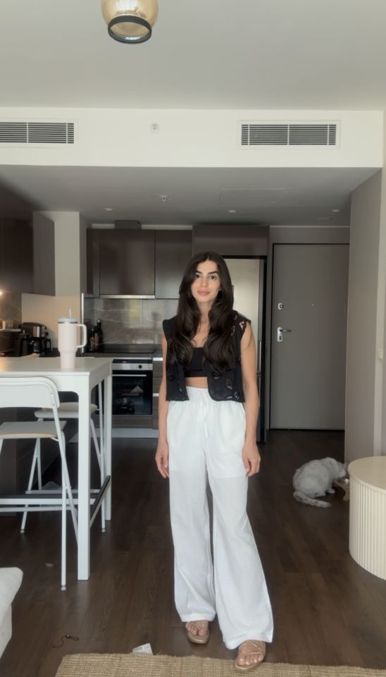 Premium kalite beyaz beli lastikli keten pantolon