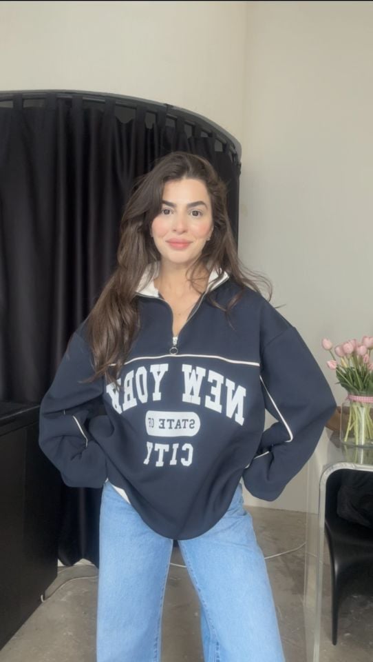 Fermuarlı yazılı lacivert sweatshirt