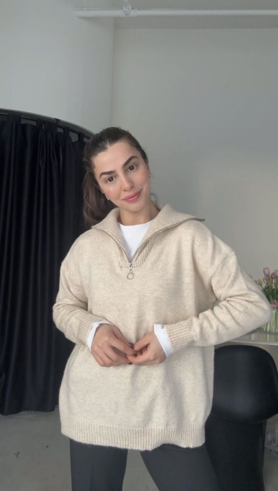 Ekru fermuarlı oversize kazak