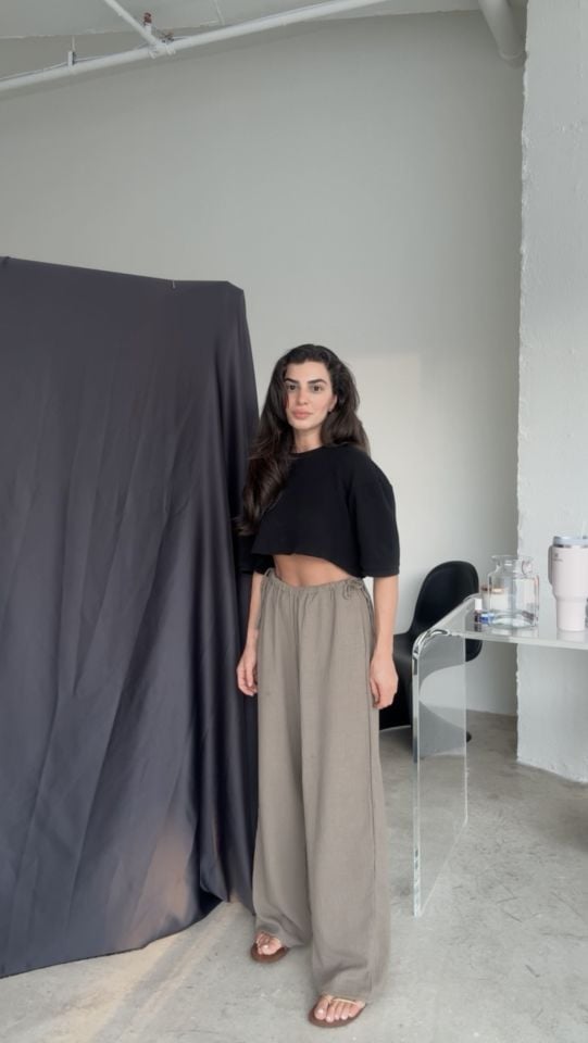 Çift bel ipli beli lastikli ceviz kabuğu keten pantolon
