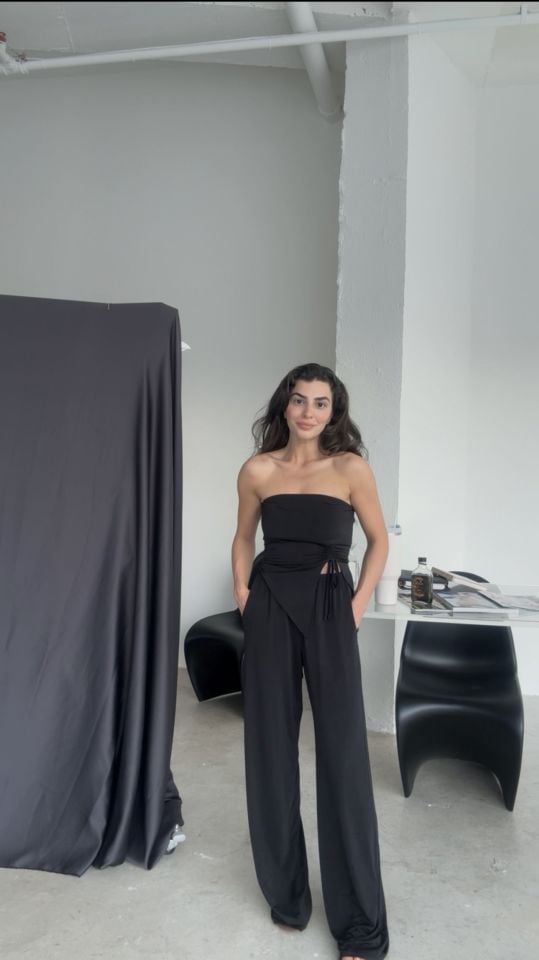 Siyah büzgülü crop pantolon takım