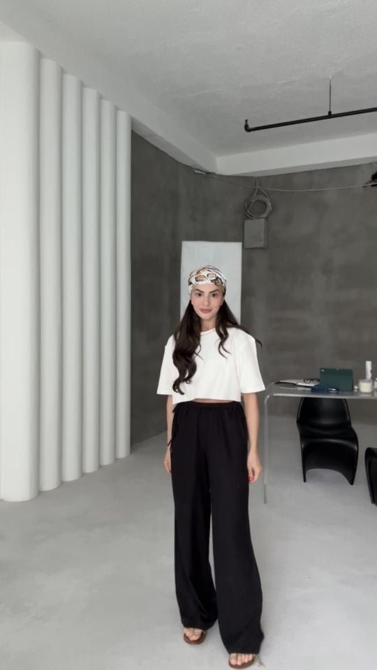 Beli lastikli keten siyah pantolon