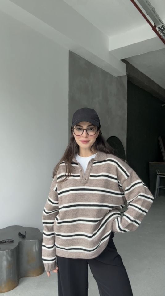 Premium kalite Polo yaka vizon çizgili kazak