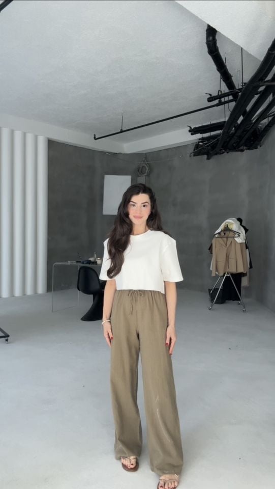 Yıkamalı keten haki bağcıklı pantolon