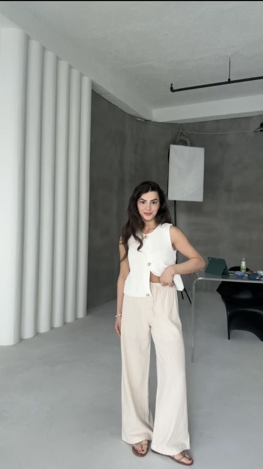 Yıkamalı keten naturel bağcıklı pantolon