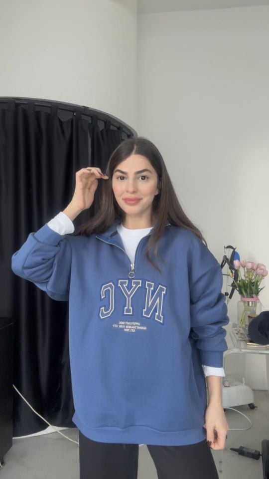 Premium kalite indigo mavi nakışlı sweat