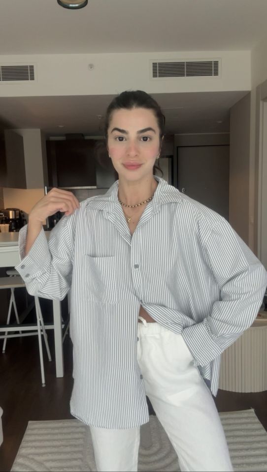 Oversize gri çizgili gömlek