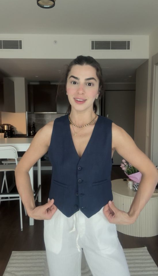 Lacivert düğmeli keten yelek
